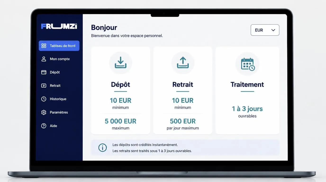 Interface de compte en euros présentant les limites de dépôt, de retrait et le délai de paiement.