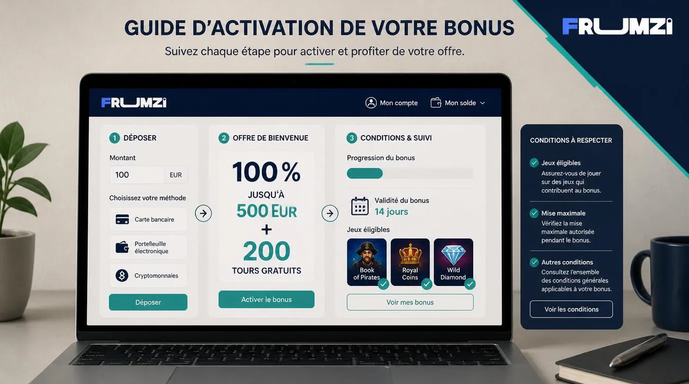 Interface de bonus avec dépôt en euros, progression des mises et vérification des jeux éligibles
