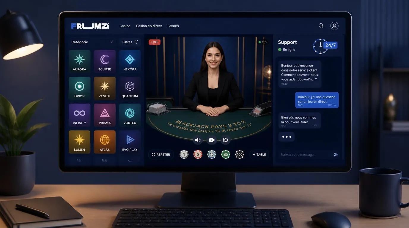 Interface de casino présentant plusieurs fournisseurs, un chat ouvert 24 h sur 24 et une table avec croupière