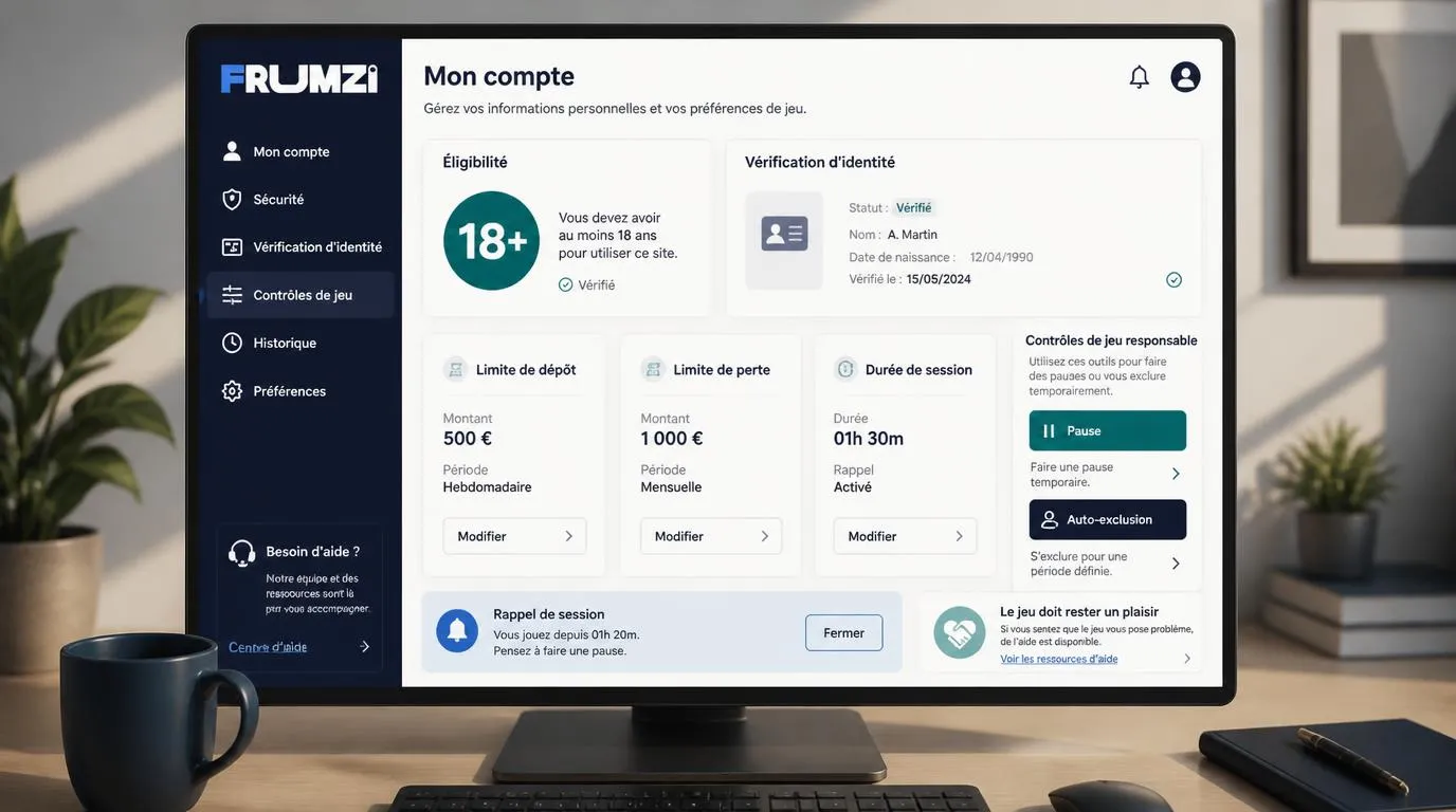 Interface de compte avec contrôle de majorité, limites de dépôt et de session, pause et auto-exclusion