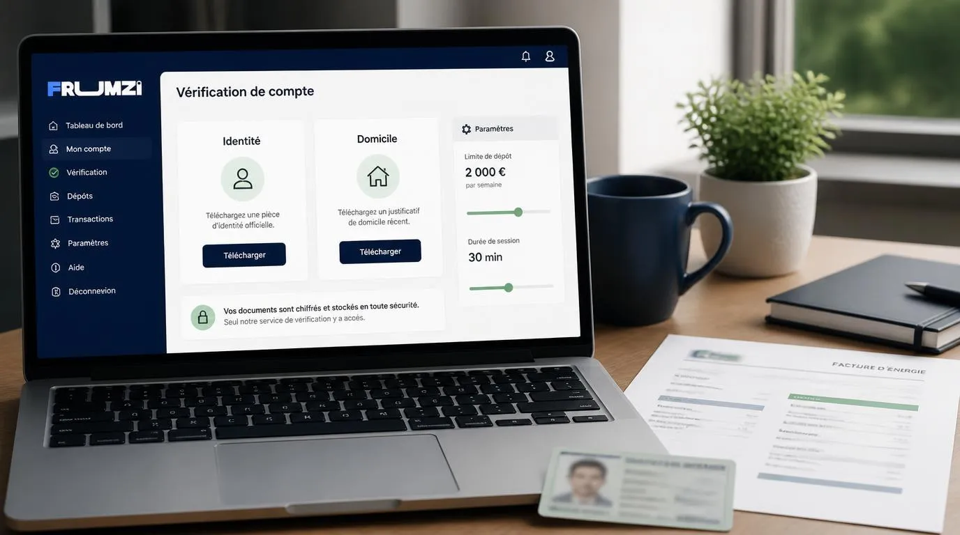 Interface de vérification du compte avec une pièce d’identité et un justificatif de domicile à téléverser