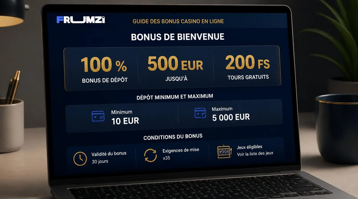 Interface de bonus avec une offre de 100 % jusqu’à 500 EUR, 200 tours gratuits et des limites de dépôt
