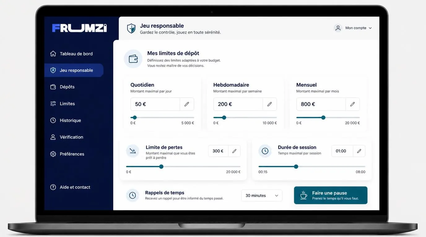 Interface de compte avec plafonds de dépôt quotidiens, hebdomadaires et mensuels et bouton de pause