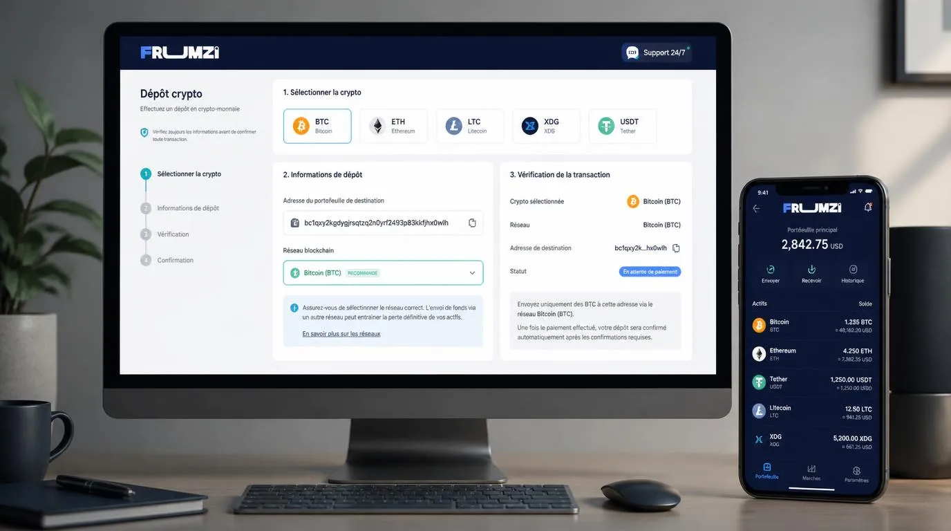 Interface de dépôt crypto avec portefeuille, adresse destinataire et sélection du réseau