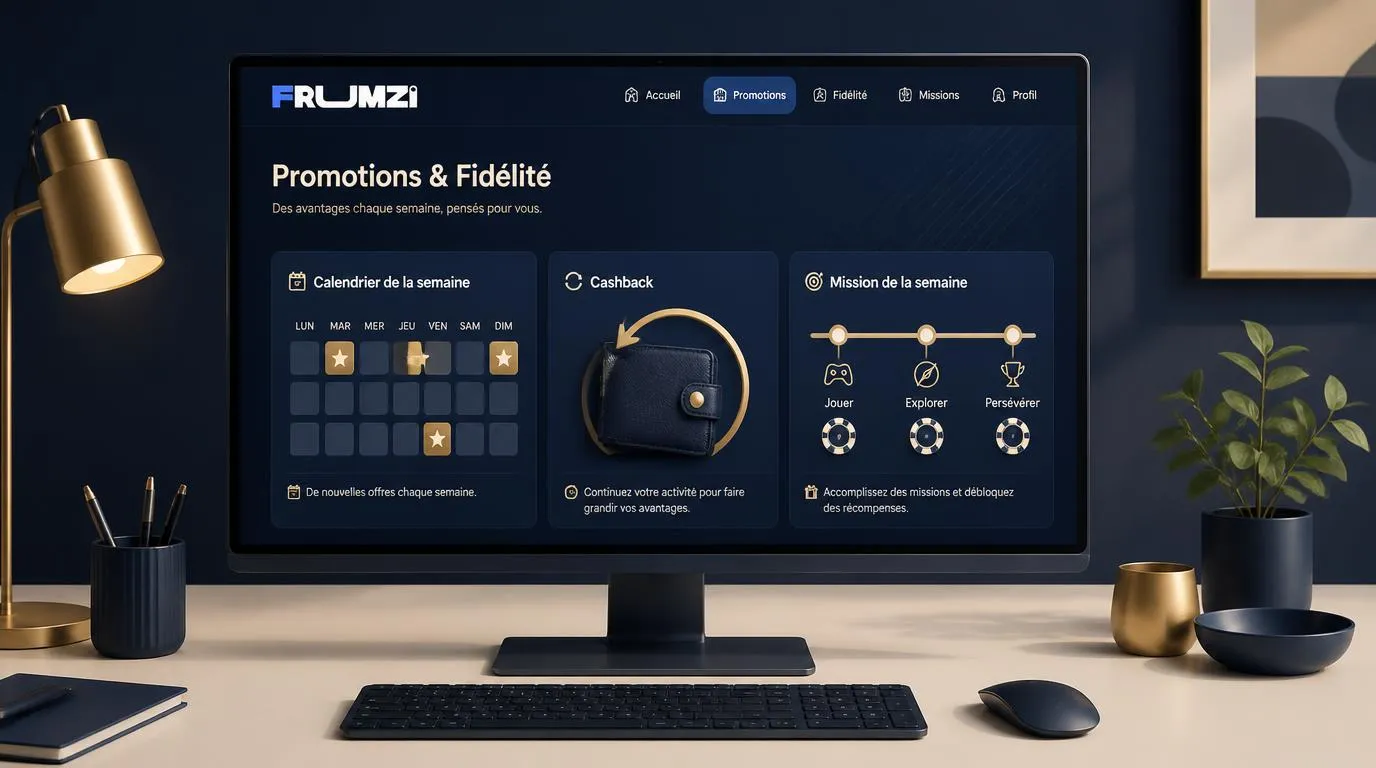 Interface de casino avec calendrier hebdomadaire, carte de cashback et progression des missions à points