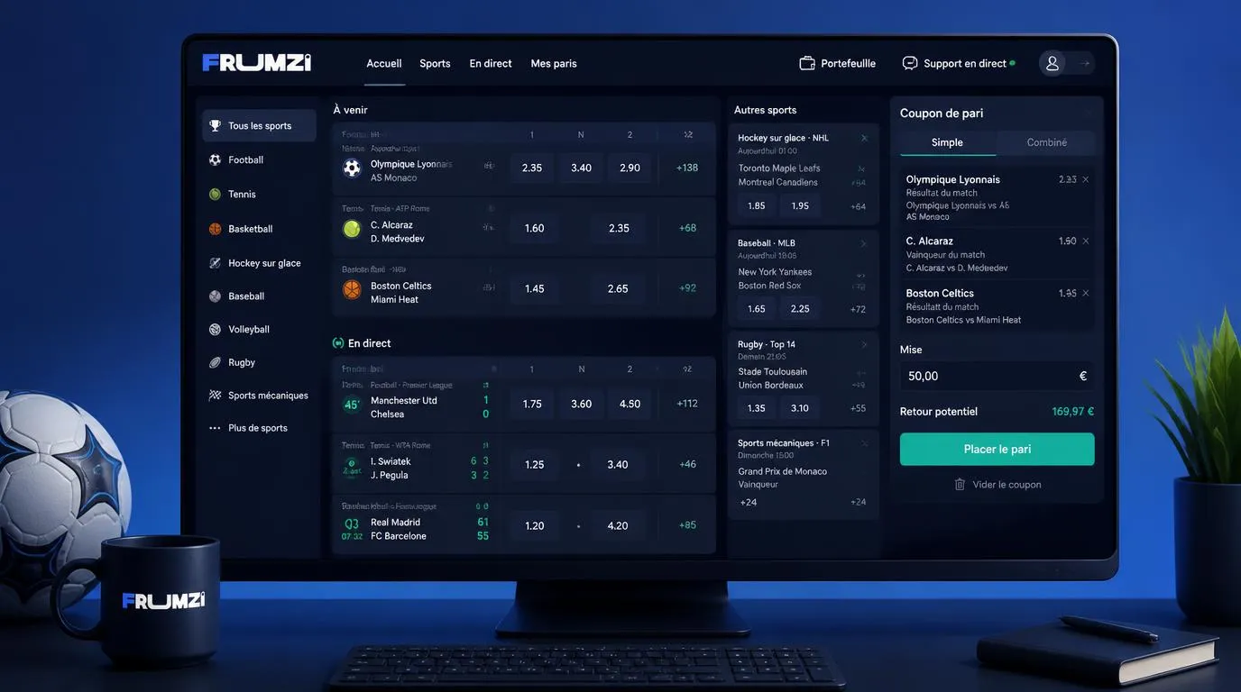 Interface de paris sportifs avec marchés avant-match, cotes en direct et ticket de pari simple ou combiné