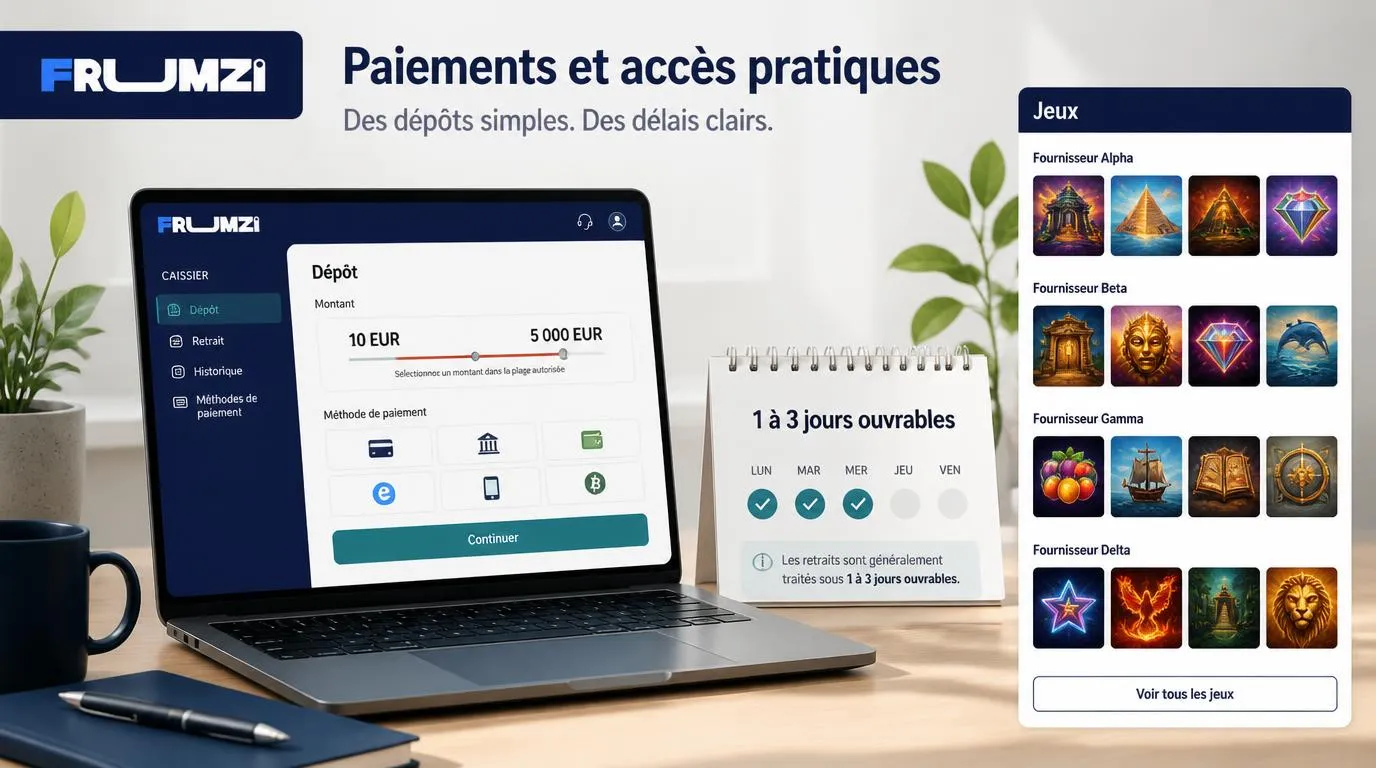 Interface de caisse avec dépôt de 10 à 5 000 EUR, calendrier de retrait et vignettes de jeux