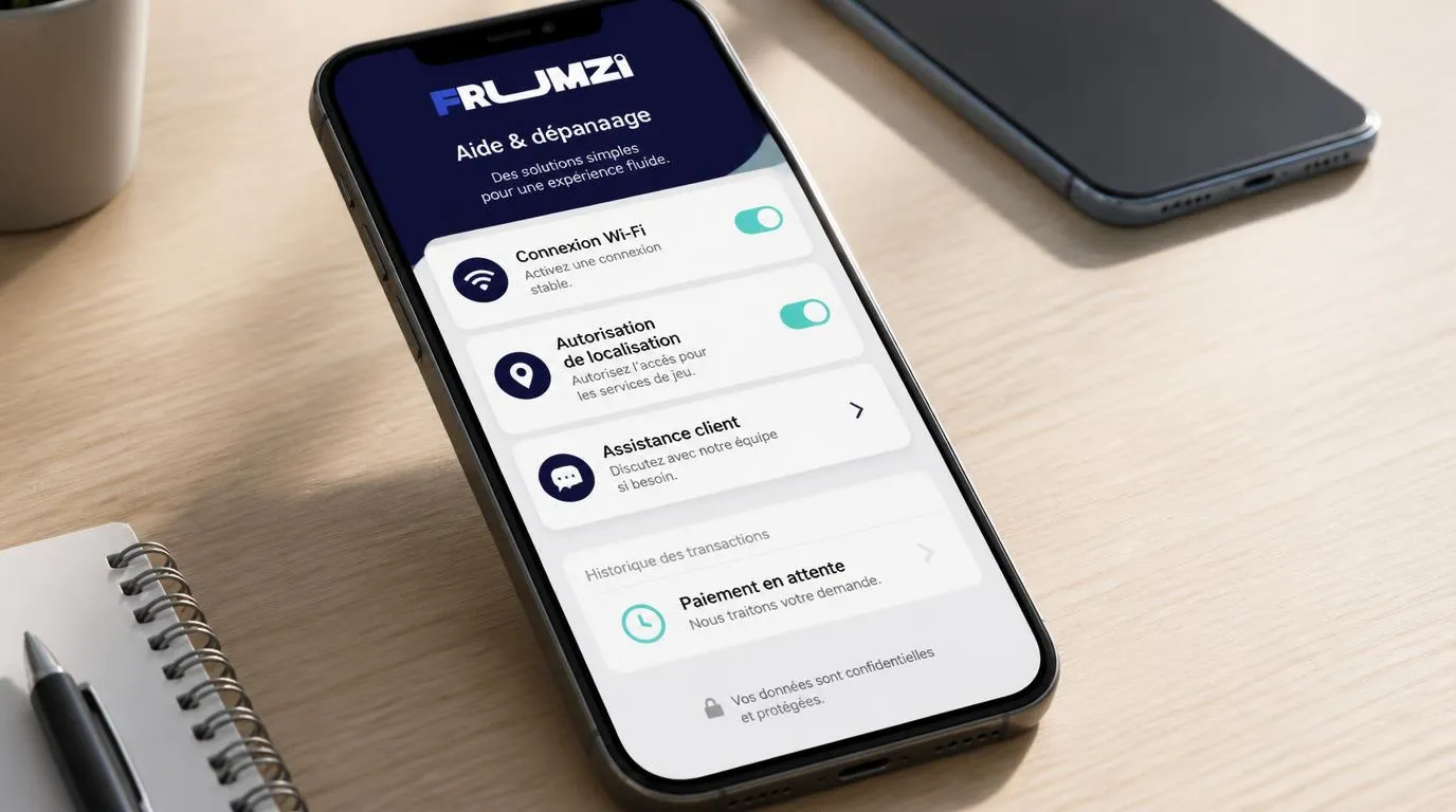 Téléphone affichant les réglages de connexion, les autorisations de localisation et un accès au chat d’assistance