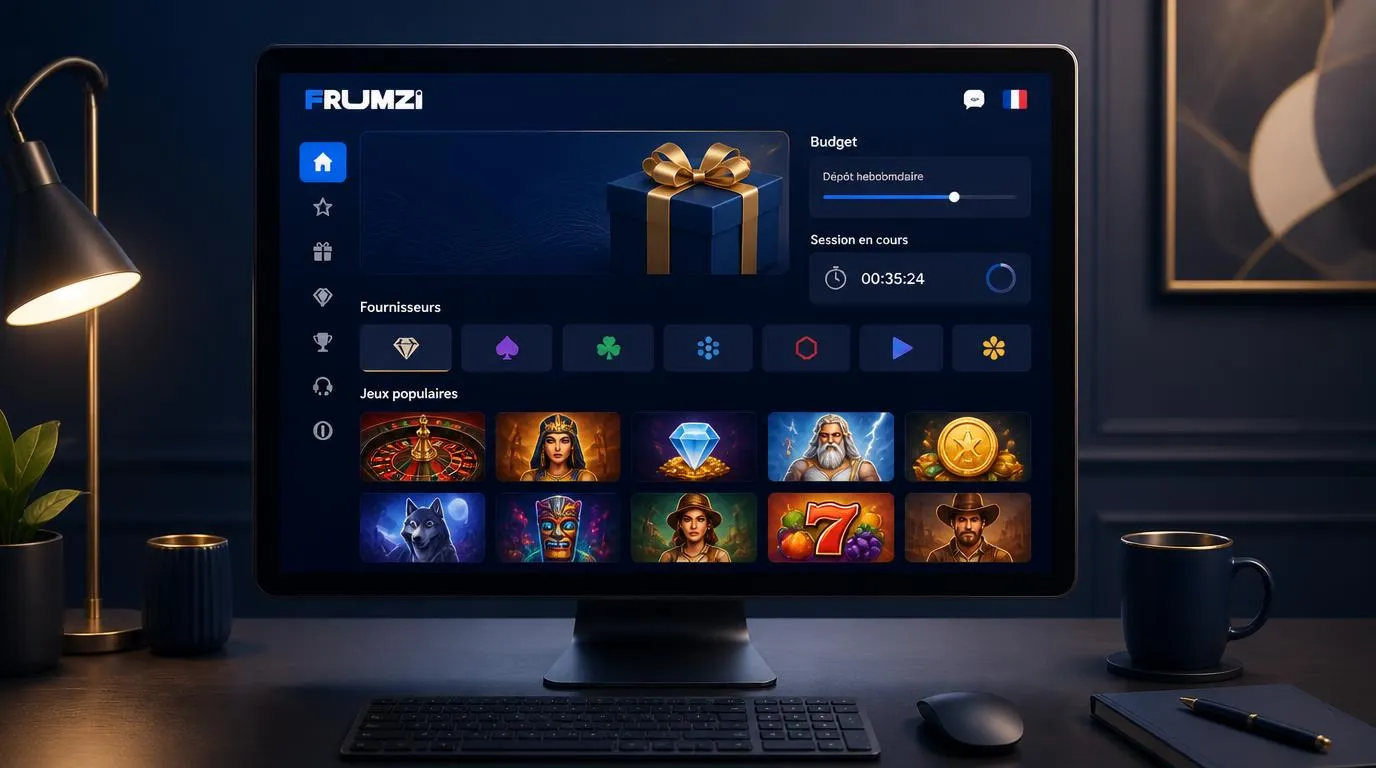 Interface de casino avec catalogue de jeux, cadeau de bienvenue et réglages de budget