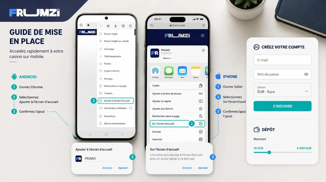 Smartphones Android et iPhone affichant les étapes pour ajouter un site de casino à l’écran d’accueil