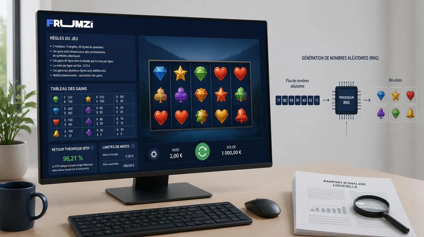Interface de jeu avec règles, taux de retour théorique et schéma du générateur aléatoire sur ordinateur