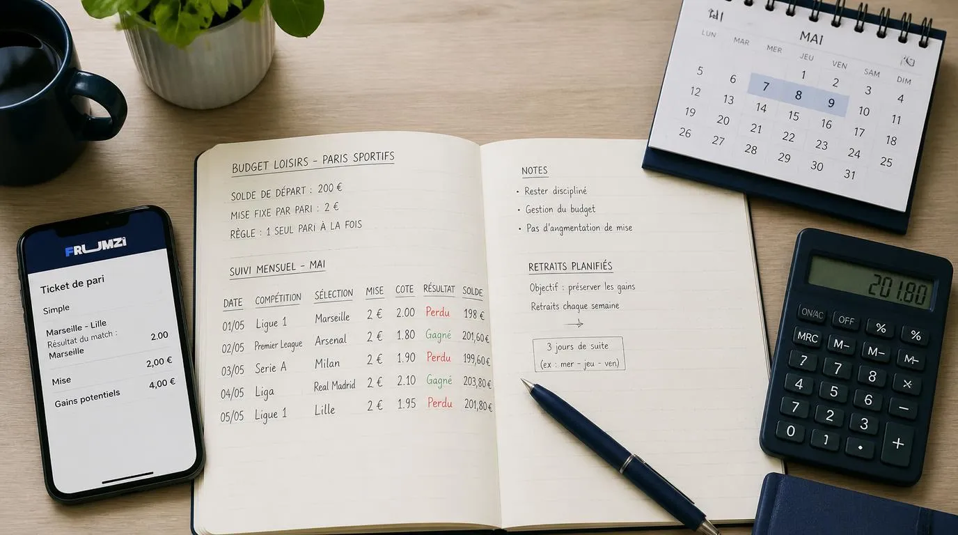 Carnet de suivi des mises, calculatrice et calendrier de retraits sur un bureau